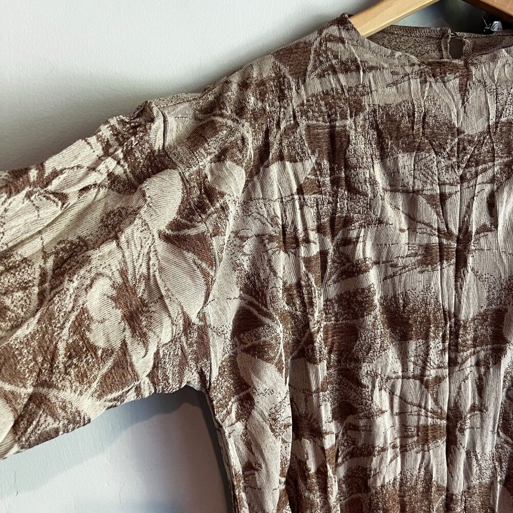 Zara Taupe Brown Abstract Leaf Print Midi Dress Mock Neck Boho Crinkle MEDIUM - Picture 5 of 12